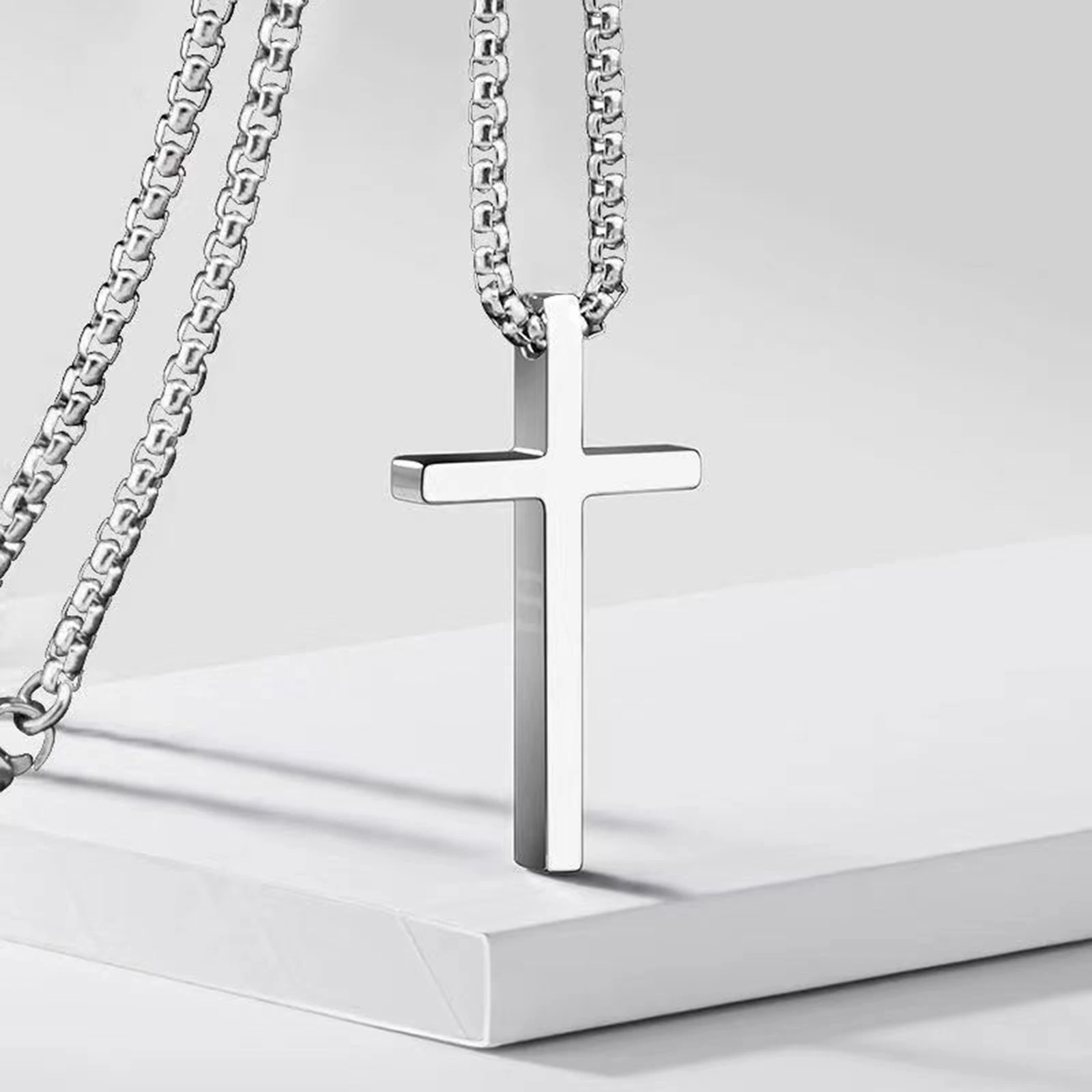 Vnox Cross Necklace For Men Women, Silver Color Plain Cross Pendant Collar With Stainless Steel Box Chain_voghion.com