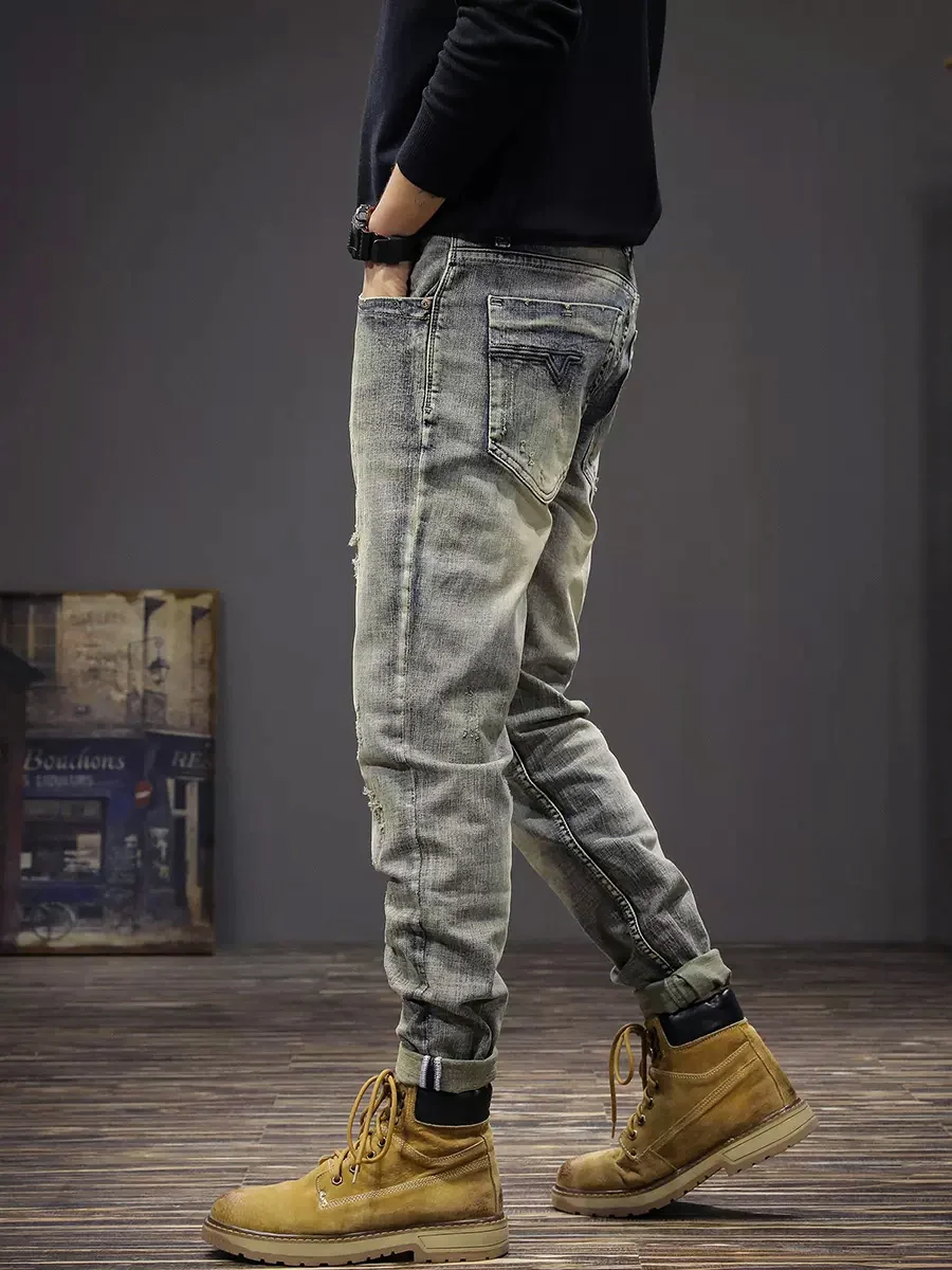 Vintage Fashion Men Jeans Retro Yellow Blue Stretch Slim Fit Ripped Jeans Men Embroidery Patched Designer Denim Pants Hombre