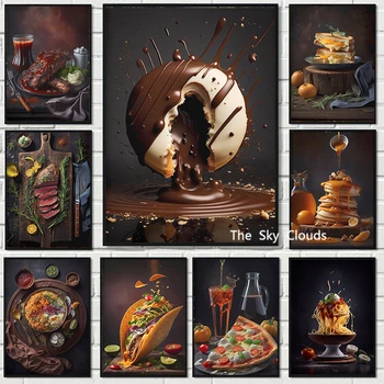 Gourmet makaron deser malarstwo na płótnie stek pączek plakat HD drukowanie nowoczesne Wall Art Picture restauracja dekoracja kuchni prezent