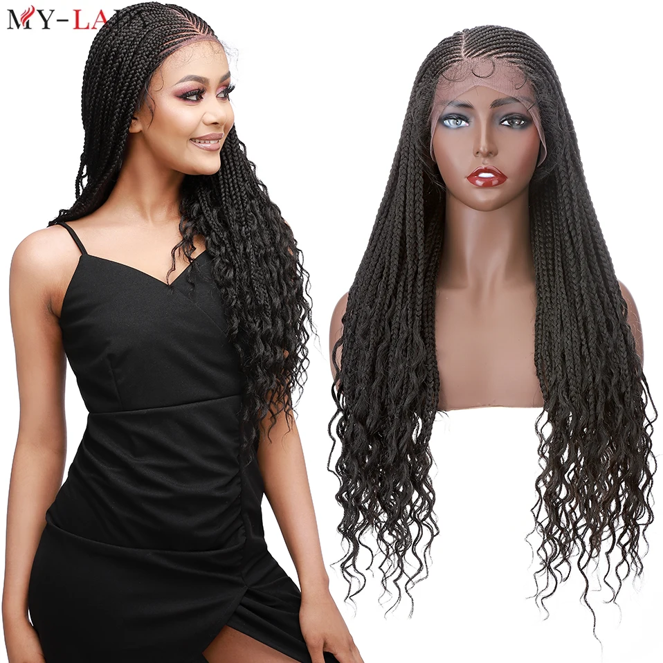 

My-Lady Synthetic Cornrow Braids Lace Wigs With Baby Hair Long Faux Locs Braided Lace Front Wig Curly Ends Brazilian Braids Wig