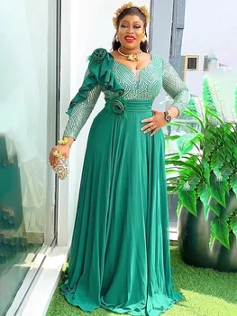 Long Sleeve Chiffon Dresses For Women African Dashiki Sequin Robe Dubai Abaya Wedding Party Birthday Gown 2025 Summer Clothing