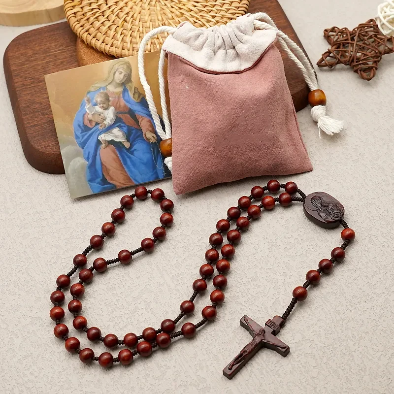 

Rosewood Strings Rosary Necklace Men's & Women's Virgin Mary Cross Wooden Pendant Chain Fashion Jewelry 8MM