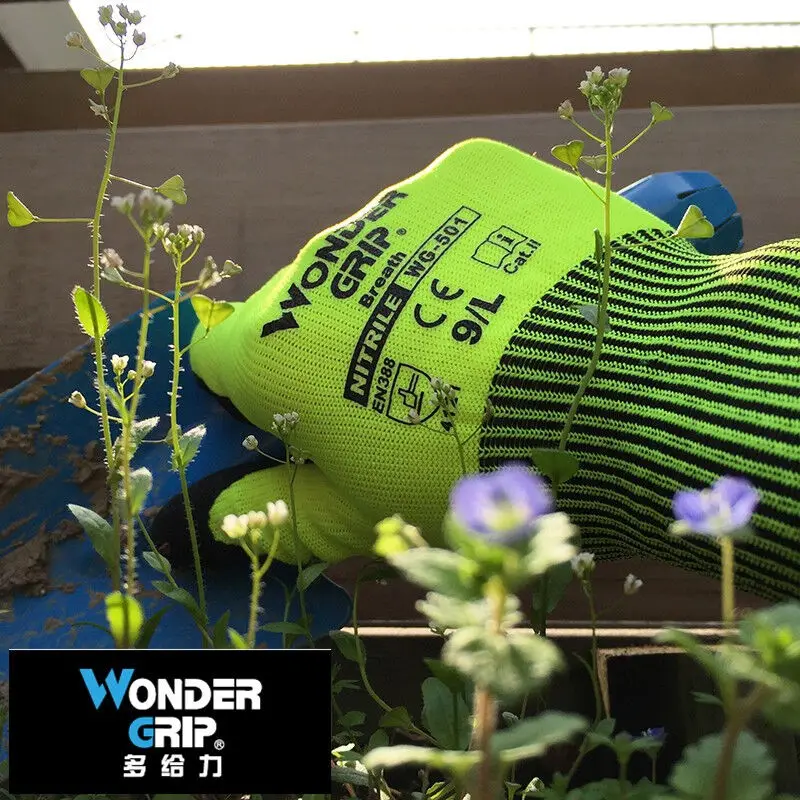 정원 작업 장갑 나일론 스판덱스 형광 녹색 니트릴 마이크로 폼 꽃 정원 안전 장갑