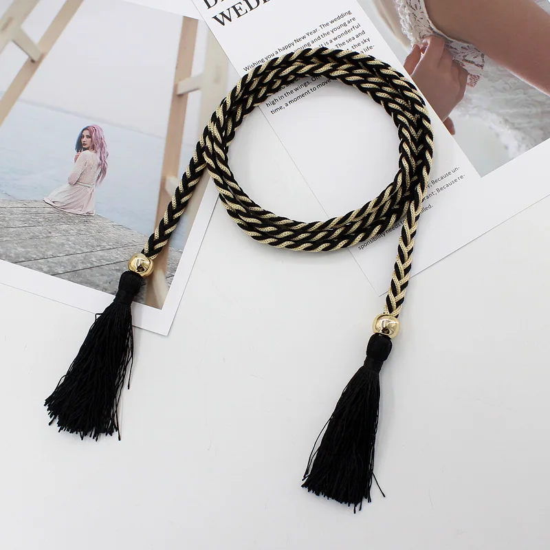 New Women's Solid Color Braided Tassel Belt 2023 New Boho Girls Thin Waist Rope Knit Belts for Dress Waistbands Accessories