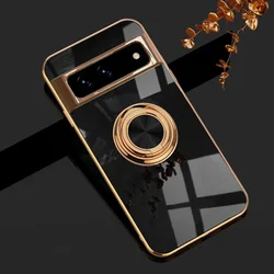 Luxury Plating Silicone Shockproof Phone Case with Metal Ring Magnetic Holder Stand for Pixel 11 (Black)