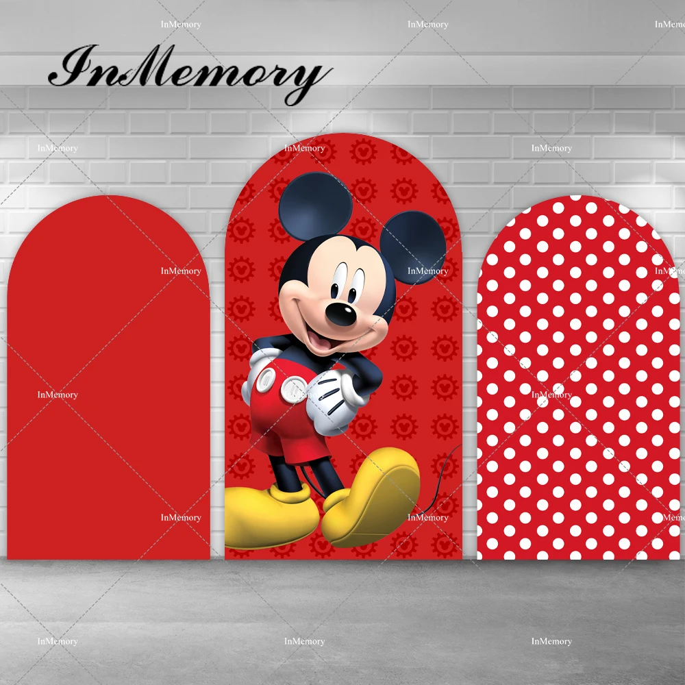 Desenhos Animados Mickey Arch Backdrop Capa para Meninos Baby Shower 1st Birthday Party Vermelho Branco Bolinhas Chiara Parede de Fundo Doubleside