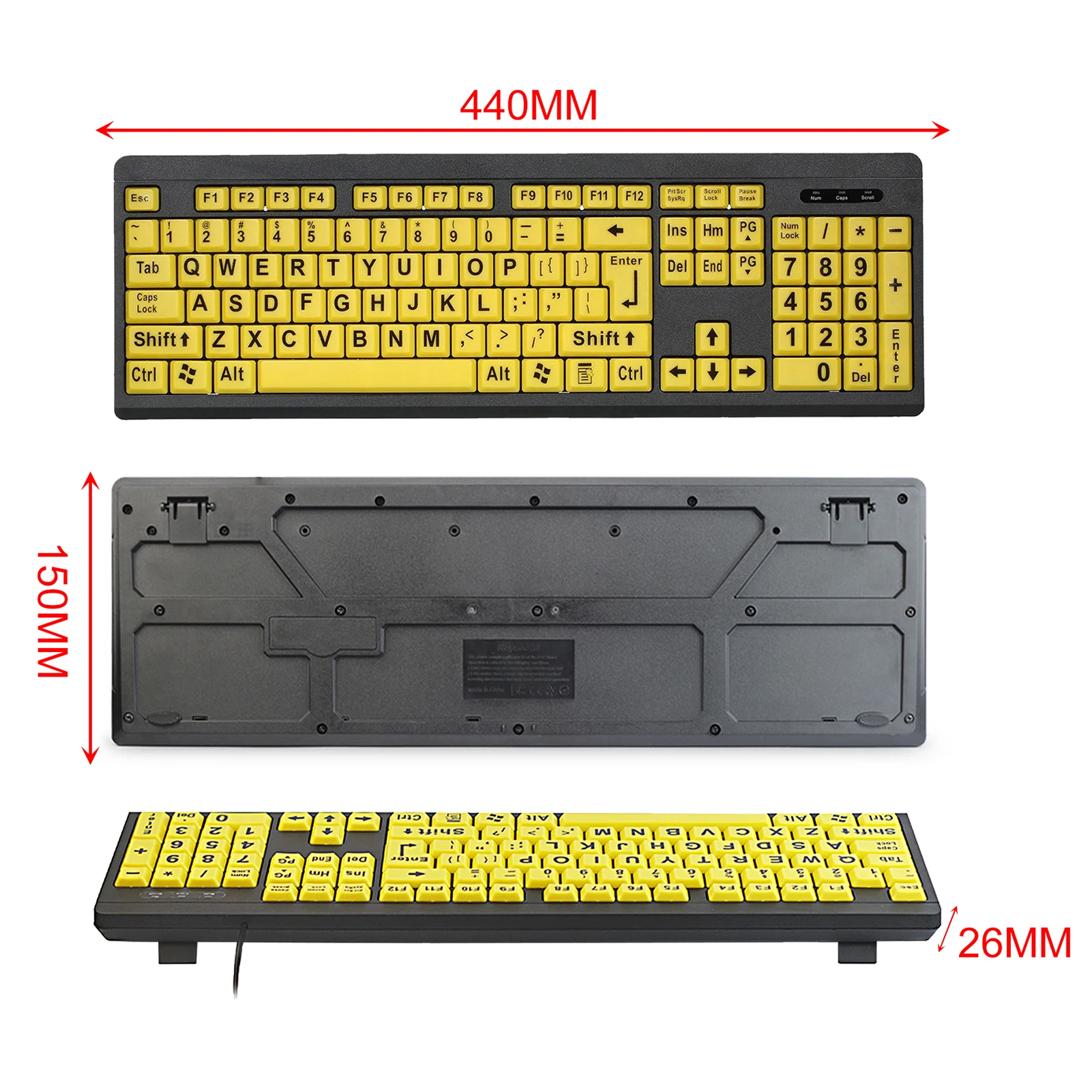 Tastatur, kabelgebundene Tastatur, kabelgebunden, USB, großer Druck, Computertastatur für Sehbehinderte, kontrastierende 104-Tasten-Buchstaben für alte Männer