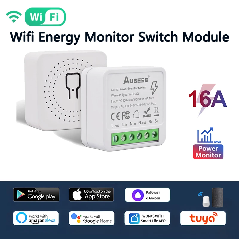 Aubess Mini Tuya Wifi Energy Monitor Switch Module 16A 2 Way Control Smart Home Interruptor Funziona Con Alexa Google Home Alice