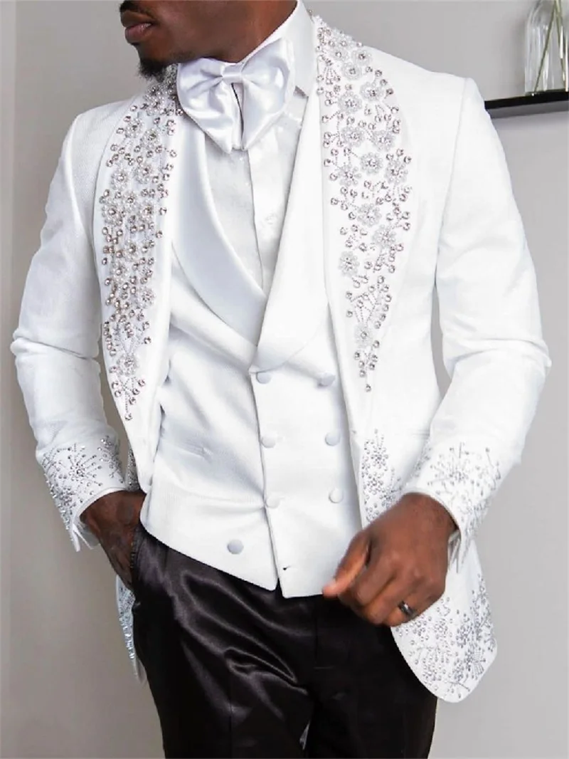 

White Crystals Groom Men Suit Set Blazer 3 Pcs Black Pants Wedding Tuxedo Appliqued Luxury Party Prom Dress Jacket Tailored Made