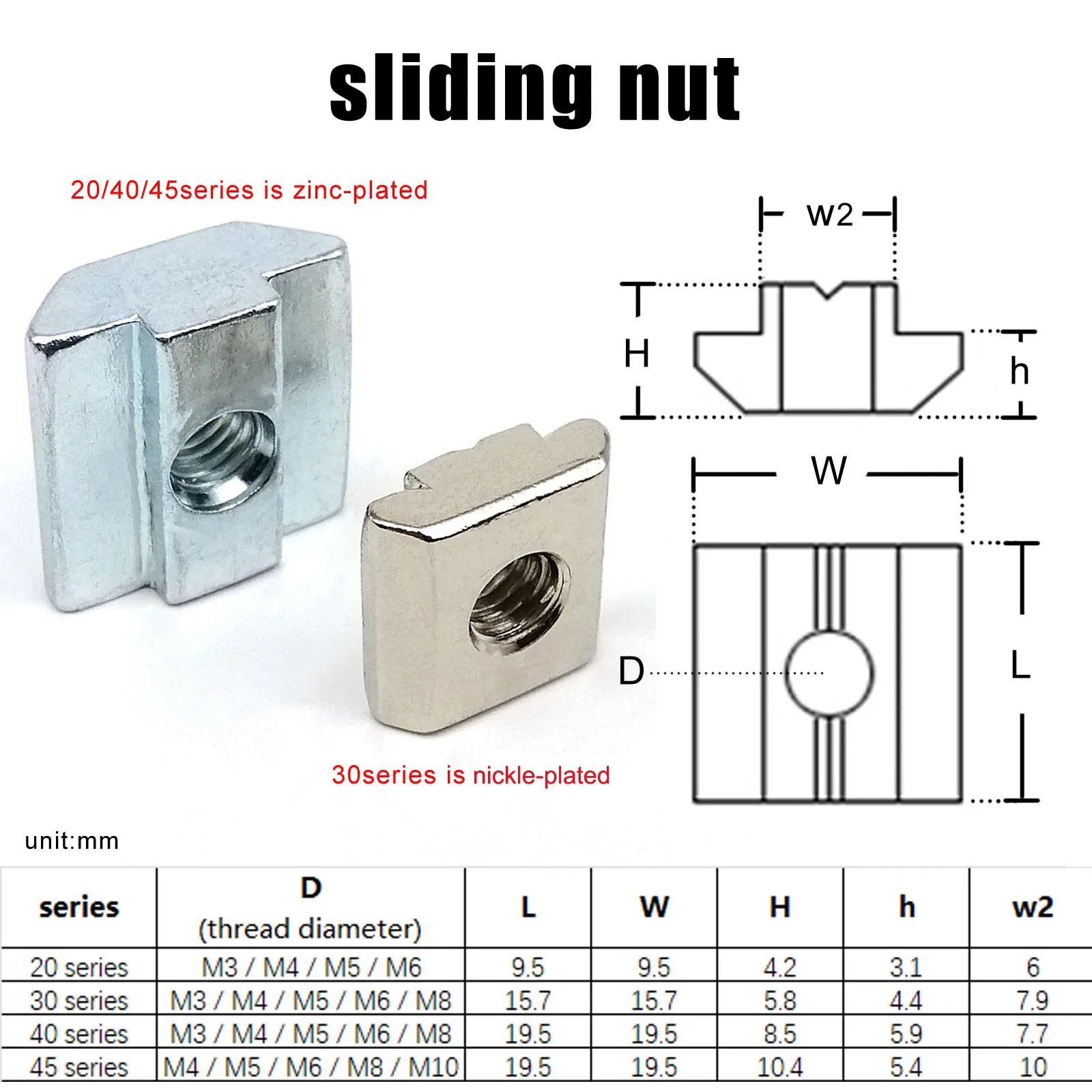 Sliding T Nut Furniture T Nut Inserts 10pcs M3 M4 M5 M6 M8 M10 3D Printer Aluminum Profile Extrusion Chute Rail Roll In Spring Ball Shrapnel T Shape Block Sliding Nut