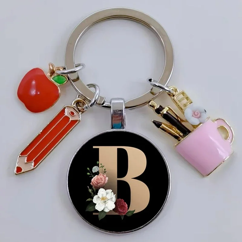 DIY charme emaille stift halter tag der lehrer geschenk keychain, einfache schwarz A-Z brief muster glas cabochon keychain, perle keychain