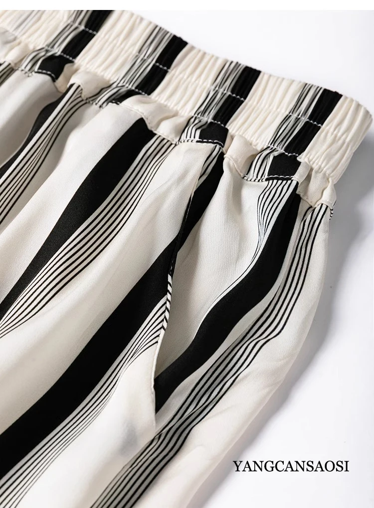 19MM Modern Vertical Stripe Silk Smooth Nude Feel 93%Natural Mulberry Silk Double Qiao Satin Women's Casual Wide Leg Pants
