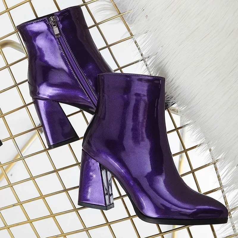 

Big Size Women Winter Plush Keep Warm Patent Leather Neon Ankle Boots 8cm Block High Heel Designer Chelsea Purple Short Boots