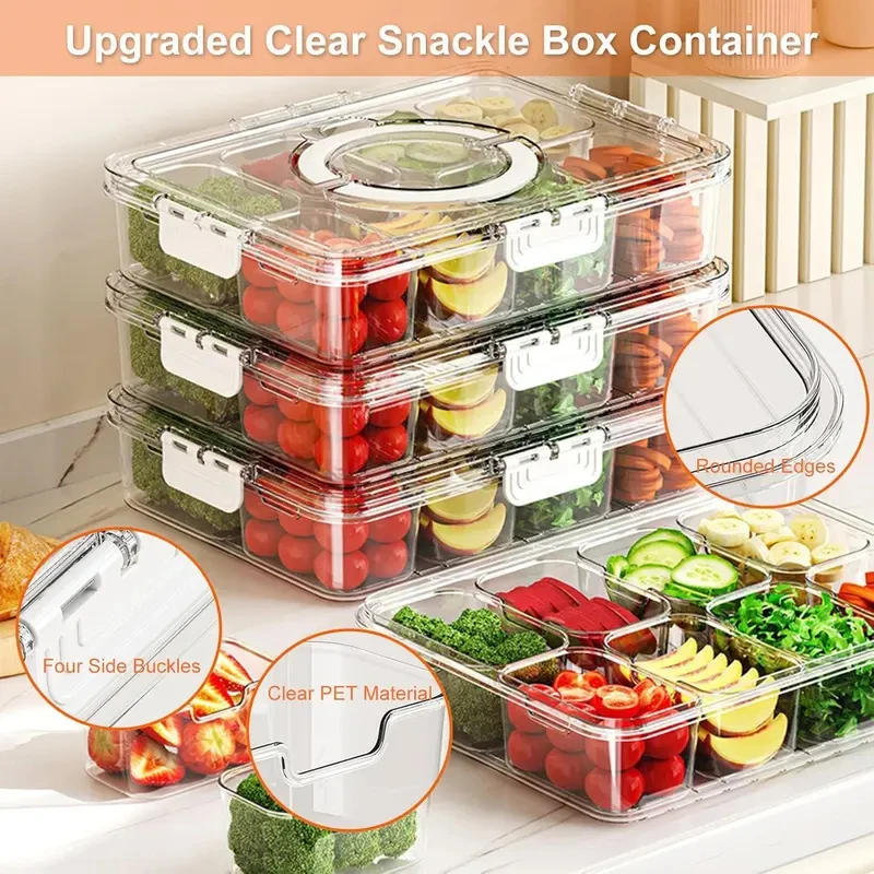 Portable Clear Veggie Tray with Lid & Handle - Divided Spinner