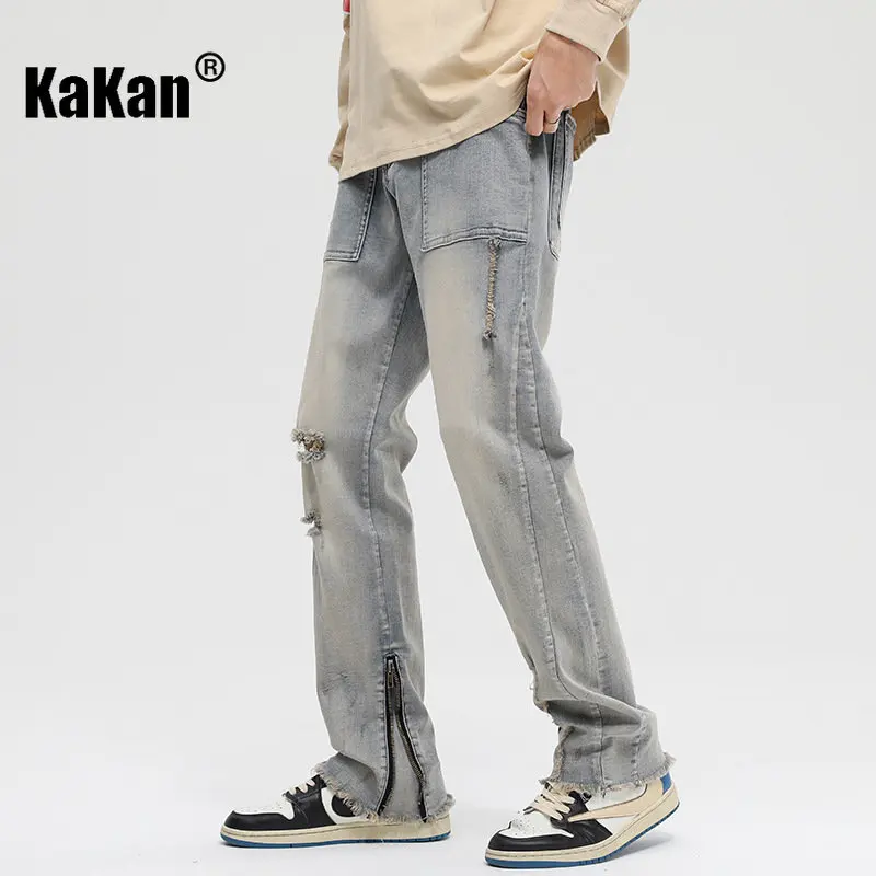 Kakan - New Raw Edge Zippered Trouser Hem Hole Straight Leg Jeans for Men, Mud Yellow Slim Fit Long Jeans K62-1954