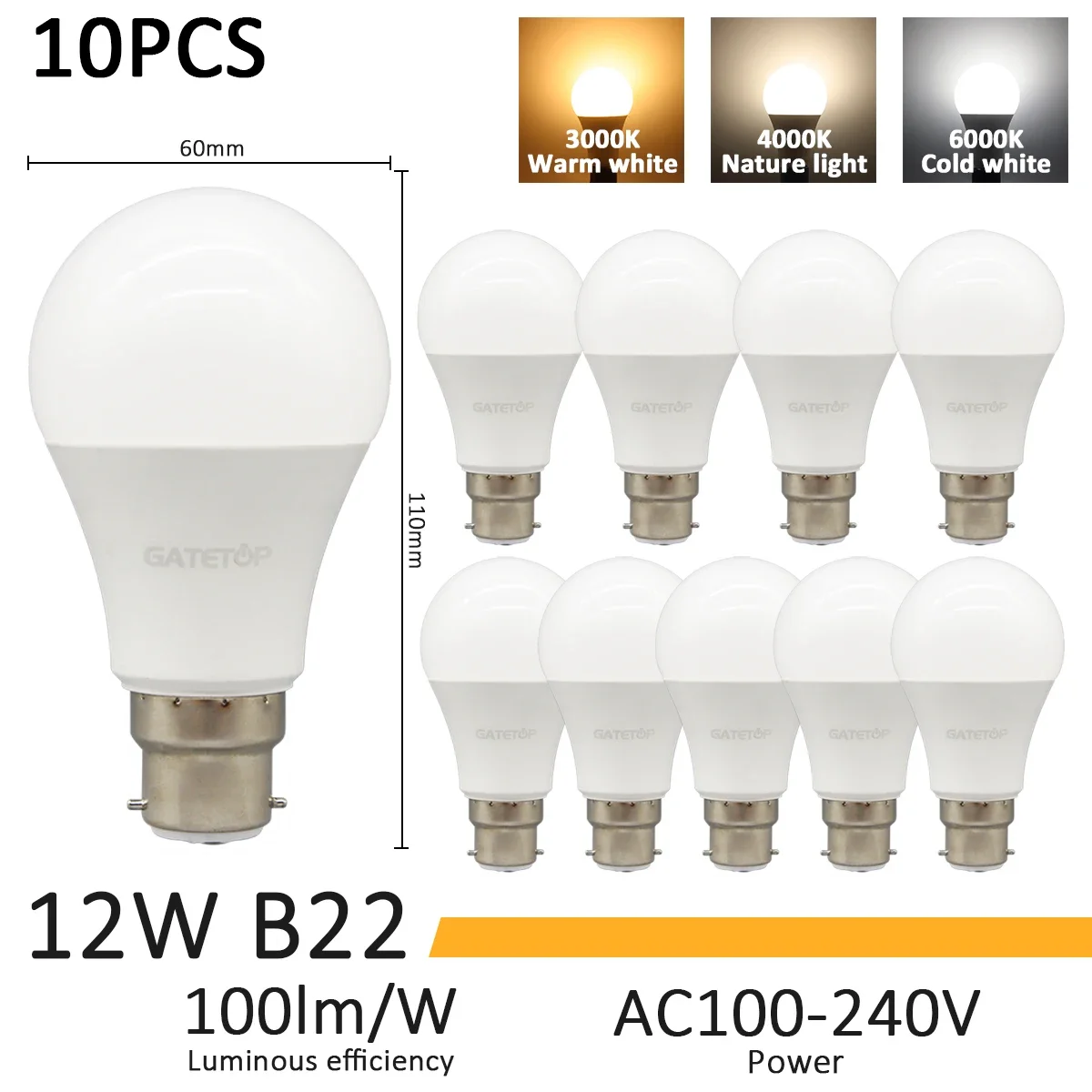 10pcs 12W B22