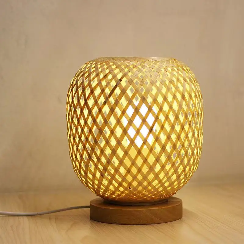 Bamboo Woven Table Lamp Eco-friendly Wooden Bedside Light Night For Bedroom Feeding Indoor Art Decoration Lighting E27 Bulb Plug