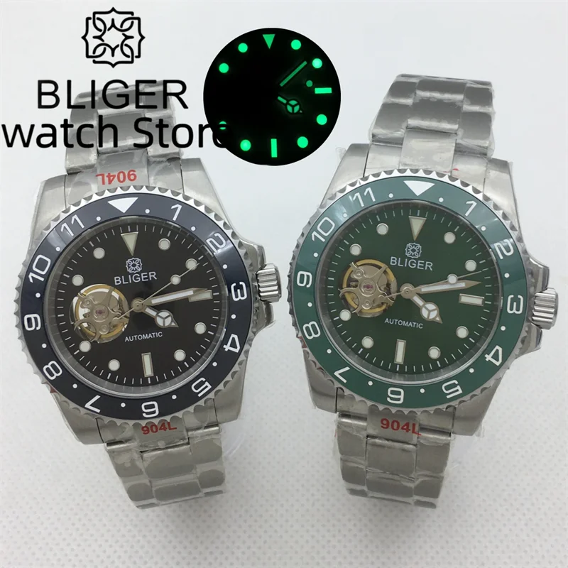 

BLIGER 40MM NH38A Movement Deluxe Men's 100M waterproof watch Black Blue dial Sapphire Glass Oyster bracelet Green luminous