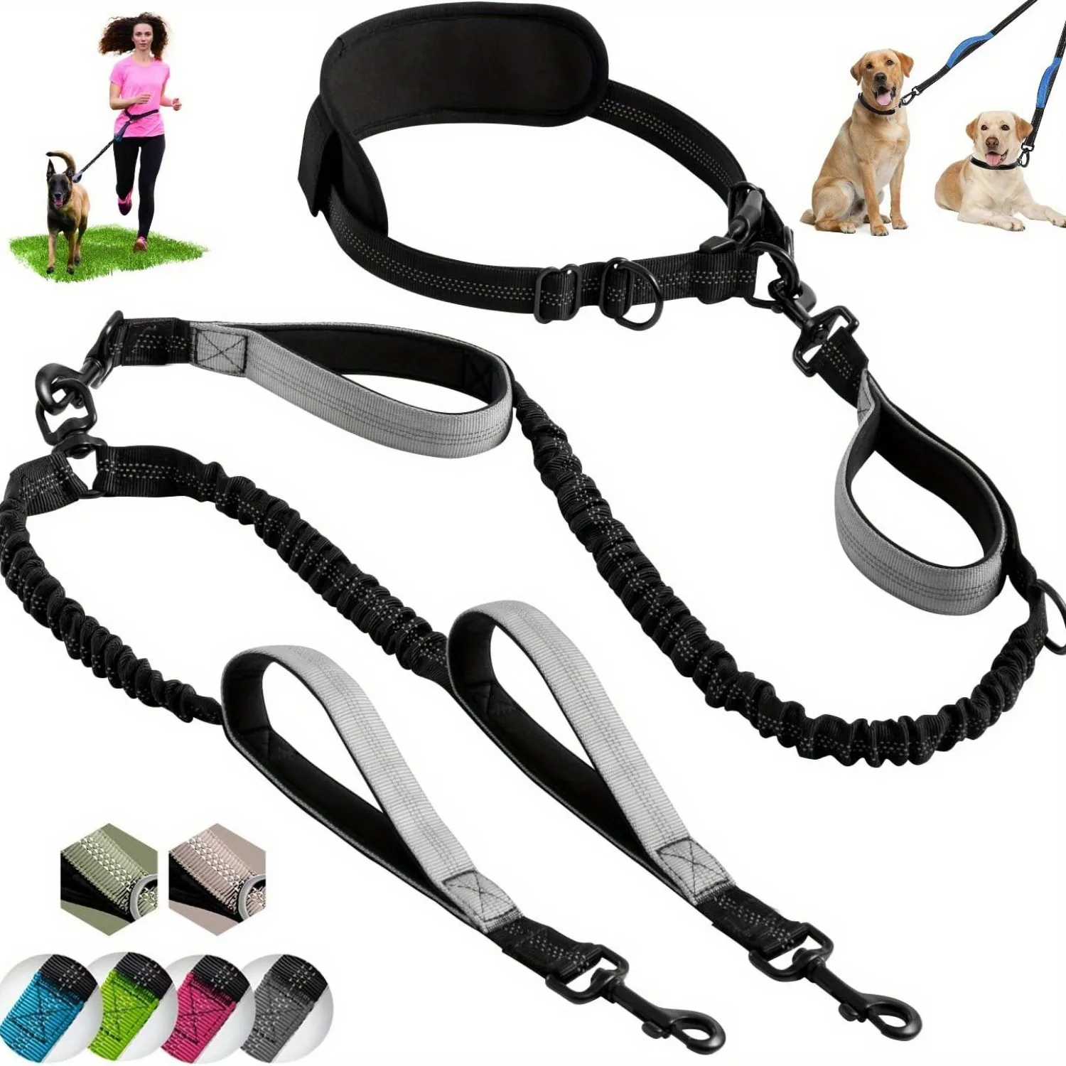 thumbnail image 1 of Correa doble reflectante para 2 perros, asas acolchadas, correa doble para perros medianos y grandes, para entrenamiento, trote, correr, suministros para mascotas, 1 of 5
