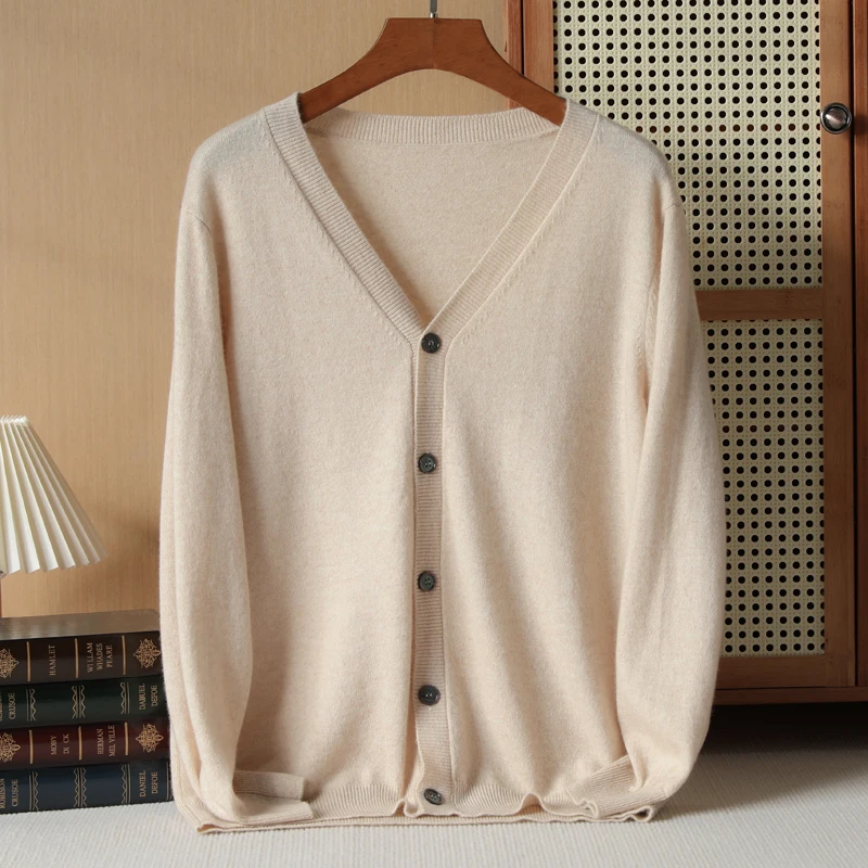 Men's High-end 100 Pure Cashmere Knitted Sweater Basic V-neck Cardigan Soft And Comfortable Versatile Top Autumn Warm Jacket