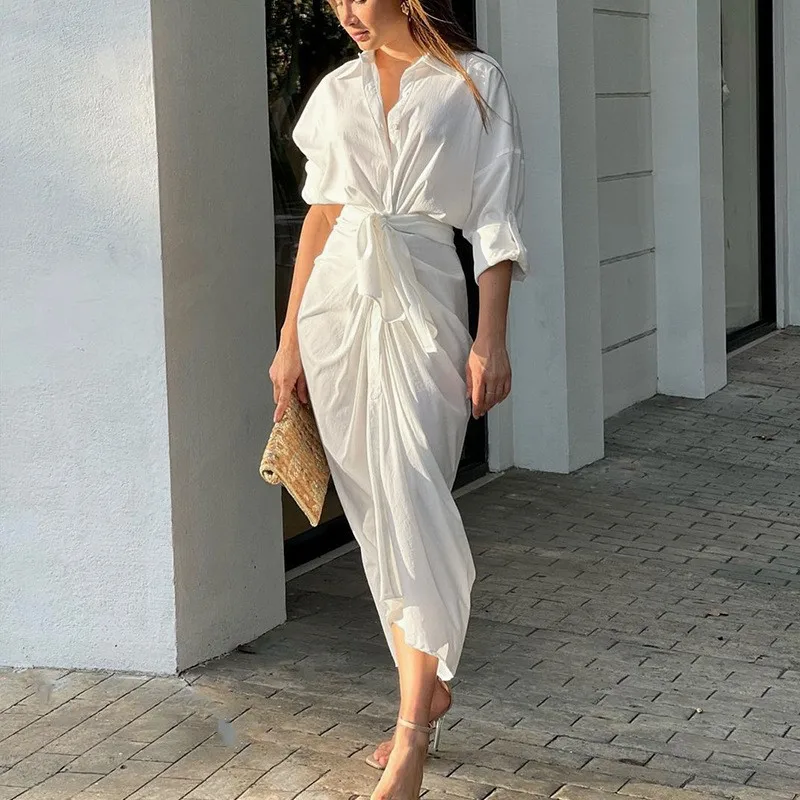 

2023 Fashion Woman Dress Plus Size Dress Solid V Neck Beach Dress Women Summer Elegant Slim Fit Ruched Bandage Shirt Dress