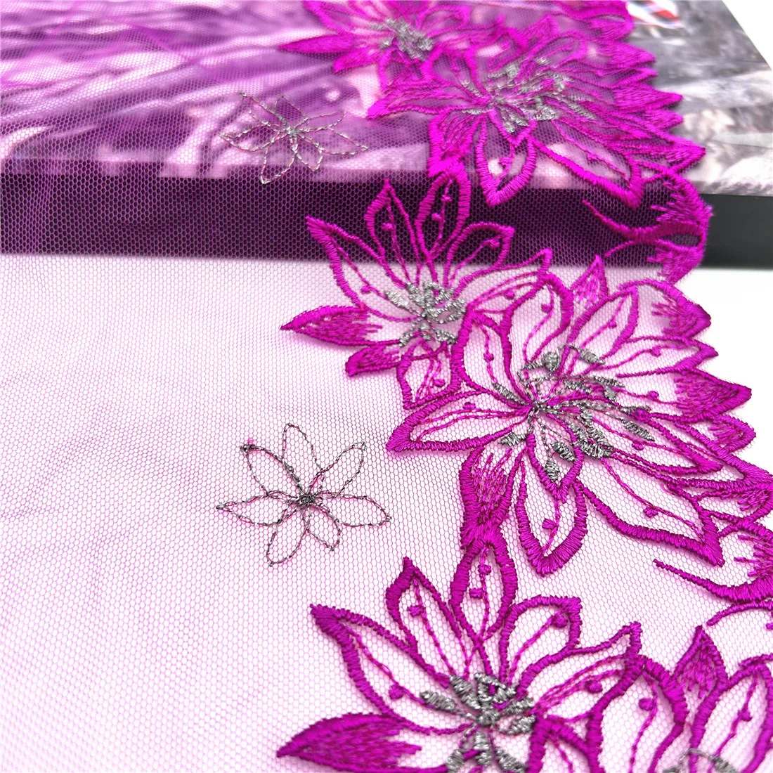 3y/lot Width 19cm Purple Violet Bit Silver Embroidery Lace Trim For Skirt Hem Clothes Sewing Material DIY Apparel Dress Fabric 3