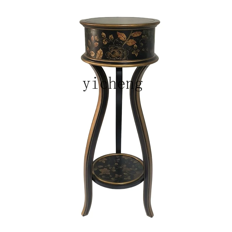 

Tqh Painted Solid Wood Flower Stand Antique Floor-Standing Guest round Light Luxury High Feet Spend Disk Holder