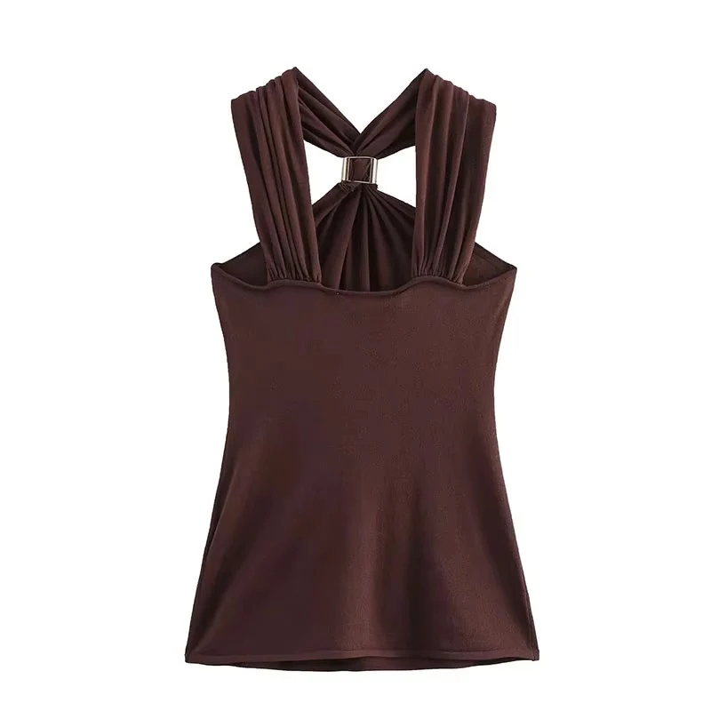 New Halter Tops Fashion Metal Decoration Crop Top Woman 2025 Sleeveless Hanging Collar Short Tops For Women Sexy Party Top