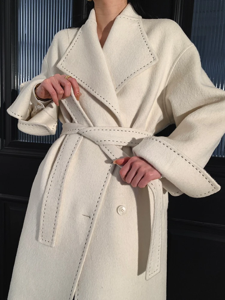 

Casual Women Wool Coat Arch Needle Large Neck Versatile Fashion Texture Double Sided Trench Woolen Coats Female Autumn Winter
