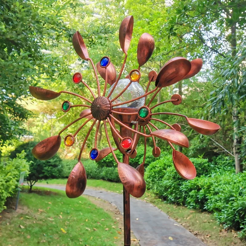 Garden Solar Powered Wind Spinners Glass Iron Windmill Solar Powered Bronze Metal Art Craft Garden Yard Landscape Decoration