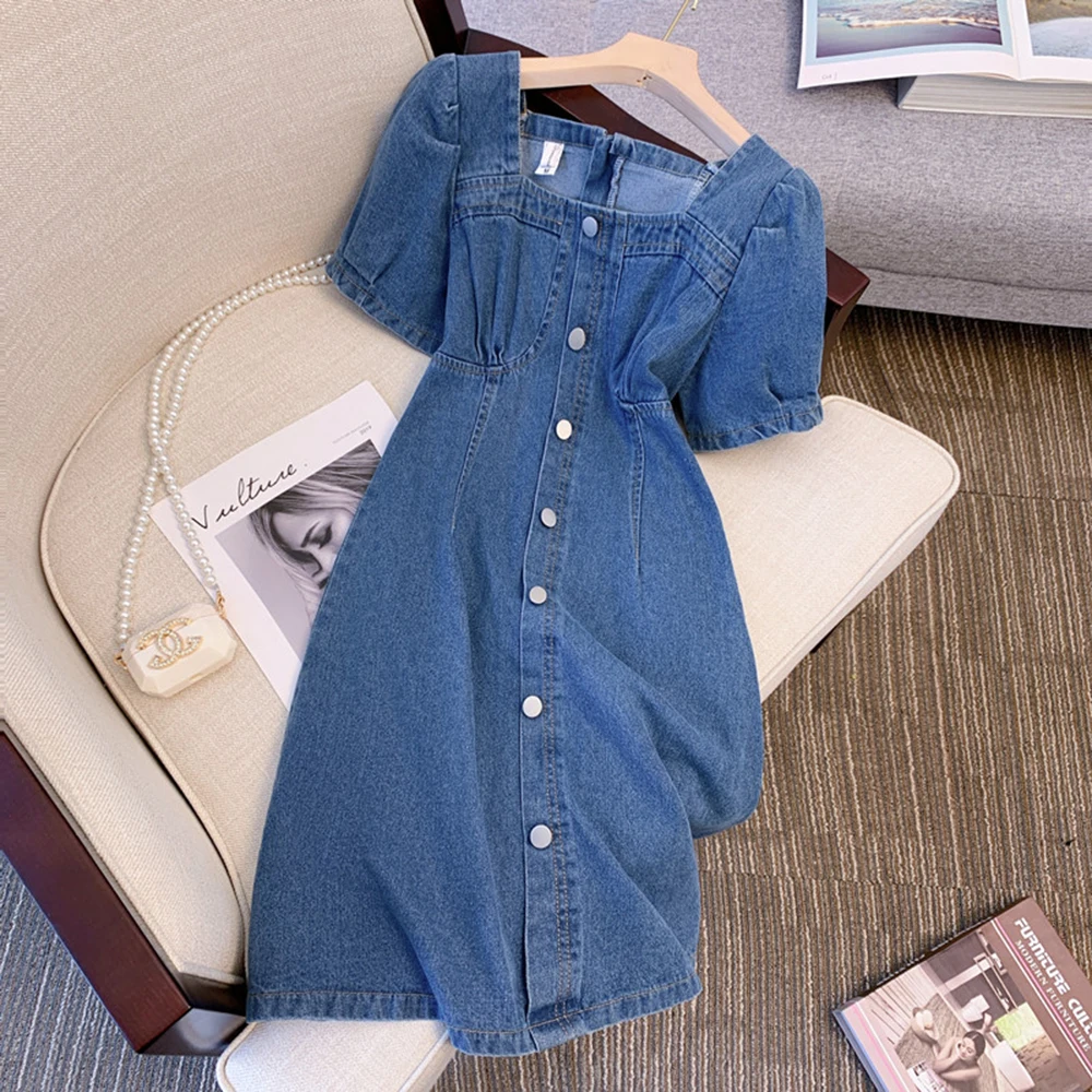 

Summer Square Collar Denim Dress Women Single-breasted Bubble Short-sleeved Zip Dresses Casual Fashion A-line Jean Skirt