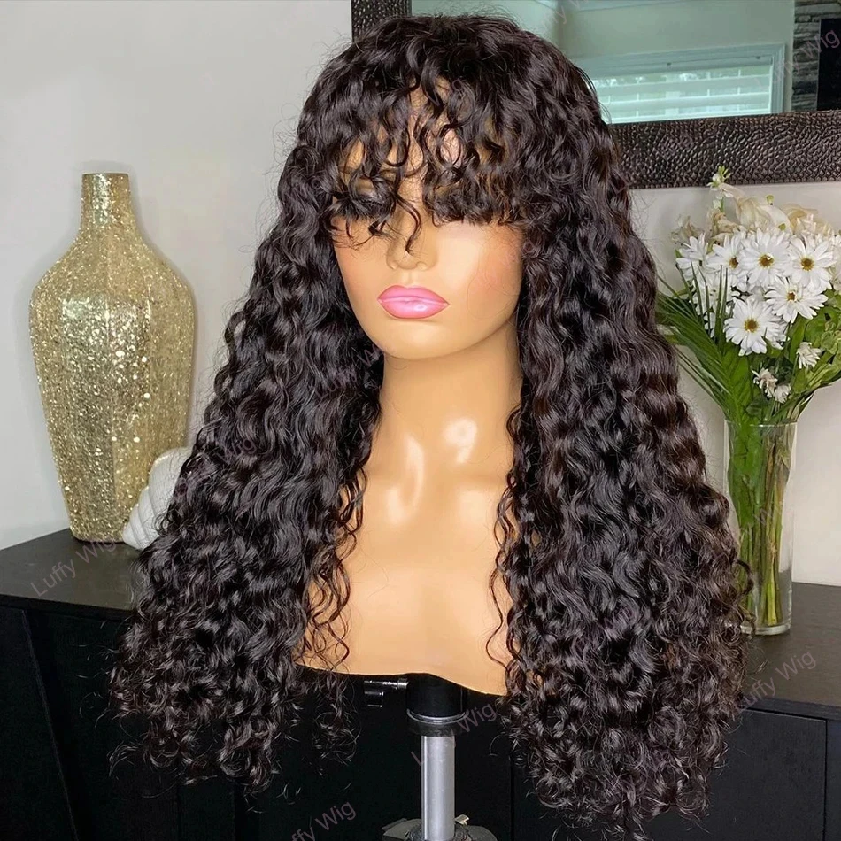 Parrucche di capelli umani ricci con frangia, parrucca brasiliana a onda d'acqua, interamente realizzata a macchina, pre-pizzicata, pronta da indossare, senza colla, per donne. - immagine 5