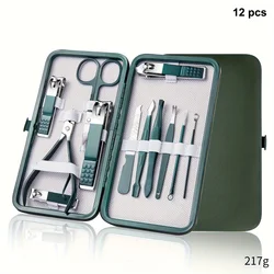 Spring Green Stainless Steel Nail Clippers Set with Portable Case - Manicure Grooming Kit (Green 12 pcs)