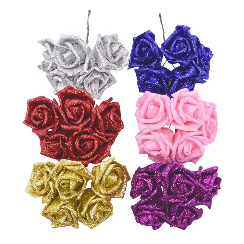 10/20 Stück 5,5 cm Glitzer Roségold Silber Rot Künstliche Schaumblumen Blumenstrauß Hochzeit Party Dekoration Zuhause DIY Gefälschte Rosenblumen
