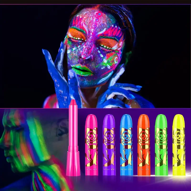 6Pcs UV Neon Face Painting Kit,Glow in the Dark Under UV Lights,Black Light Glow Makeup Kit,Washable Water Soluble Face Painting 5