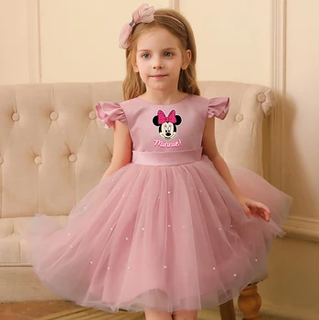 Mickey Minnie Girls Pearls Dress Elegant Princess Wedding Gown Kids Dresses For Girl Children Birthday Party Tulle Dress 3-8Y 1
