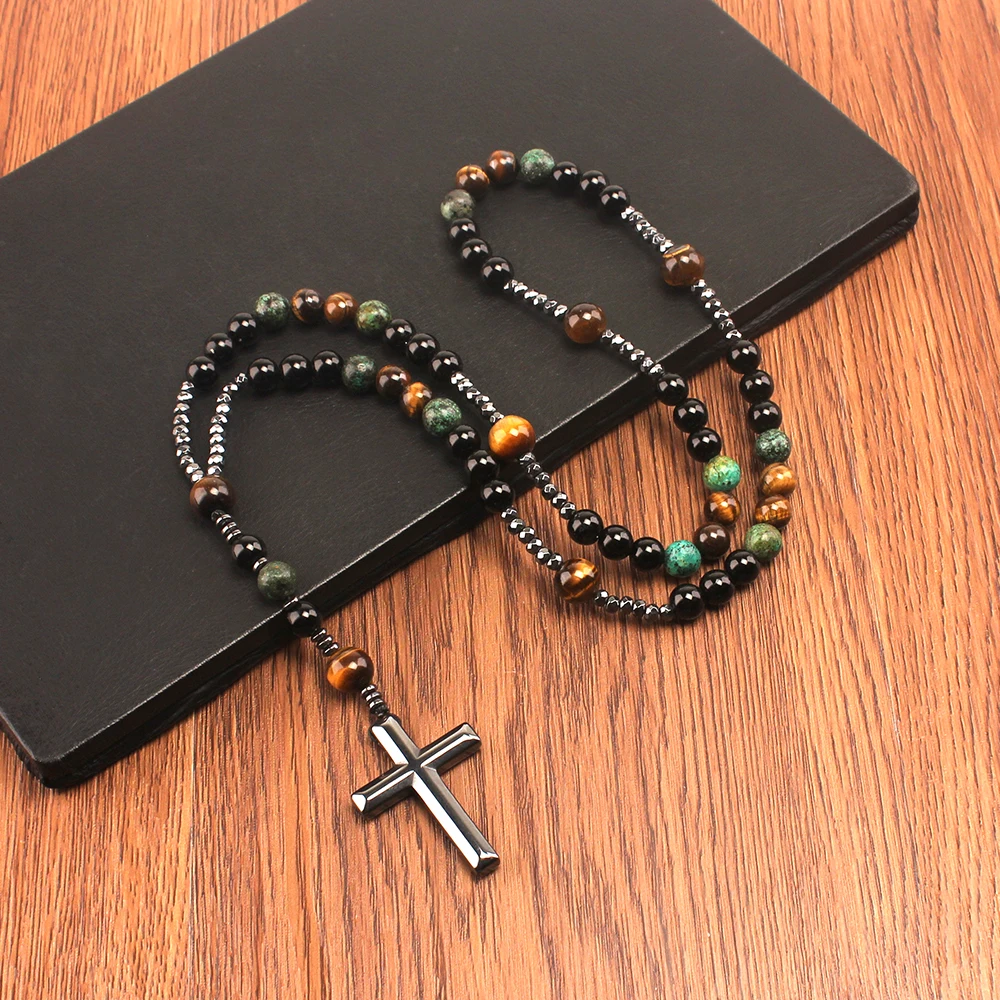 Natural Stone Africa Turquoise and Tiger-eye Beads Cross Pendant Necklace Rosary Men Women