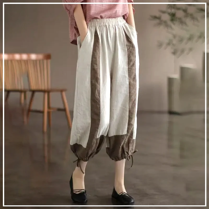 2024 New Summer Fashion Minimalist Retro Color Blocking Casual Loose Oversize High Waisted Cotton Linen Harlan Pants for Women new spring ethnic embroidery elastic waist jeans female loose high waist women harlan pants femme denim pants retro