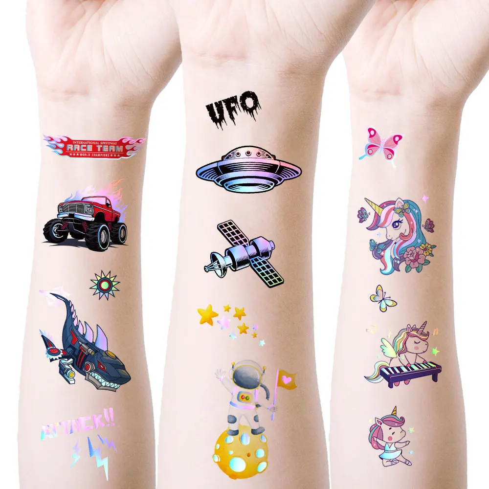 

Лазерная наклейки-тату с героями мультфильмов для детей, водонепроницаемые Временные татуировки, НЛО, монстр, единорог, дизайн, тату, картинг, машина, фальшивые татуировки, ручная работа