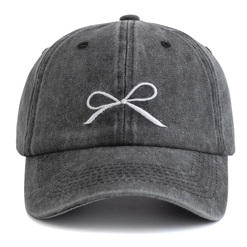 New Women Washed Cotton Cap Bow Knot Embroidery Vintage Baseball Cap Female Casual Outdoor Streetwear Dad Hats