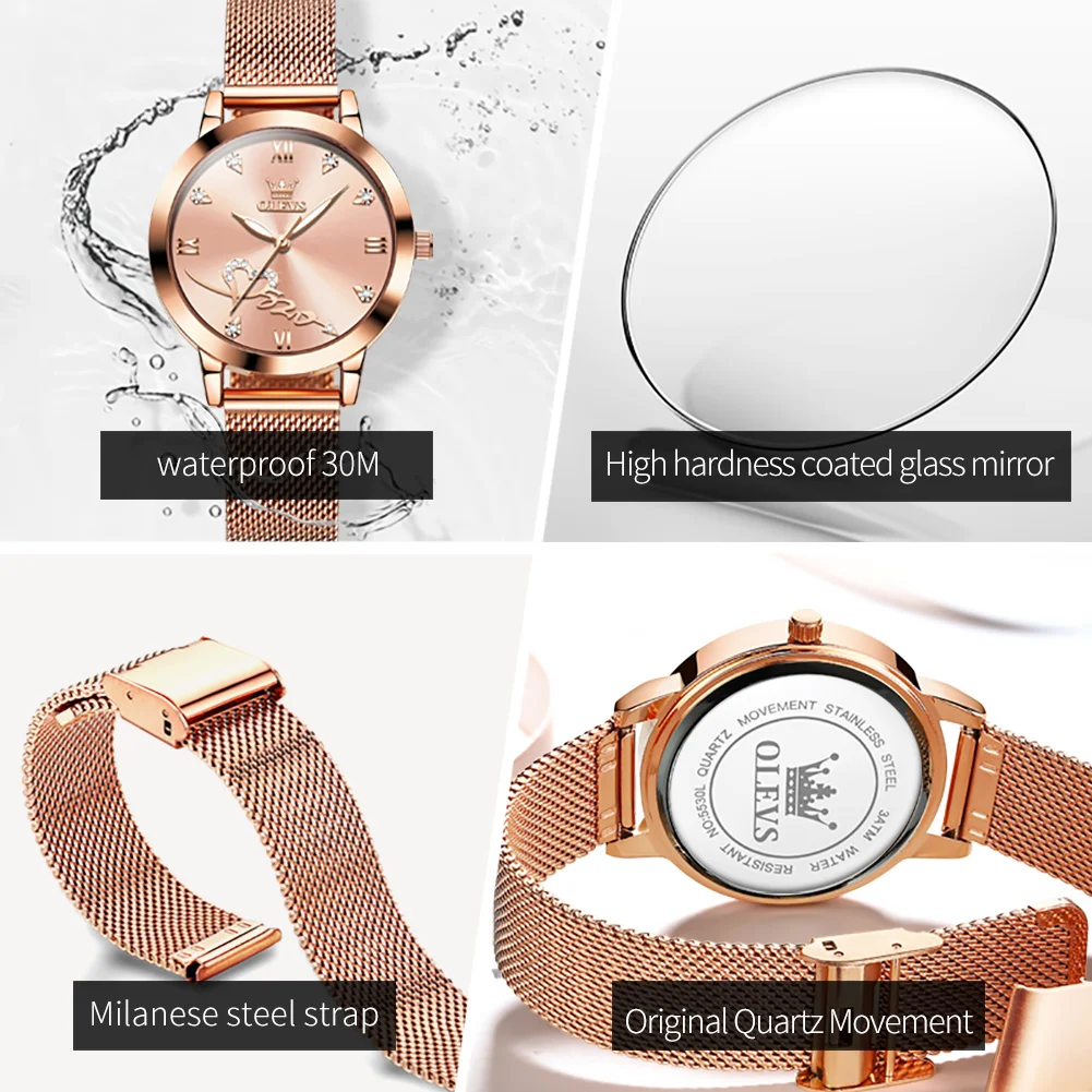 OLEVS Brand Fashion Quartz Watch for Women Rose Gold Stainless Steel Mesh Strap Luxury Diamond Womens Watches Relogio Feminino