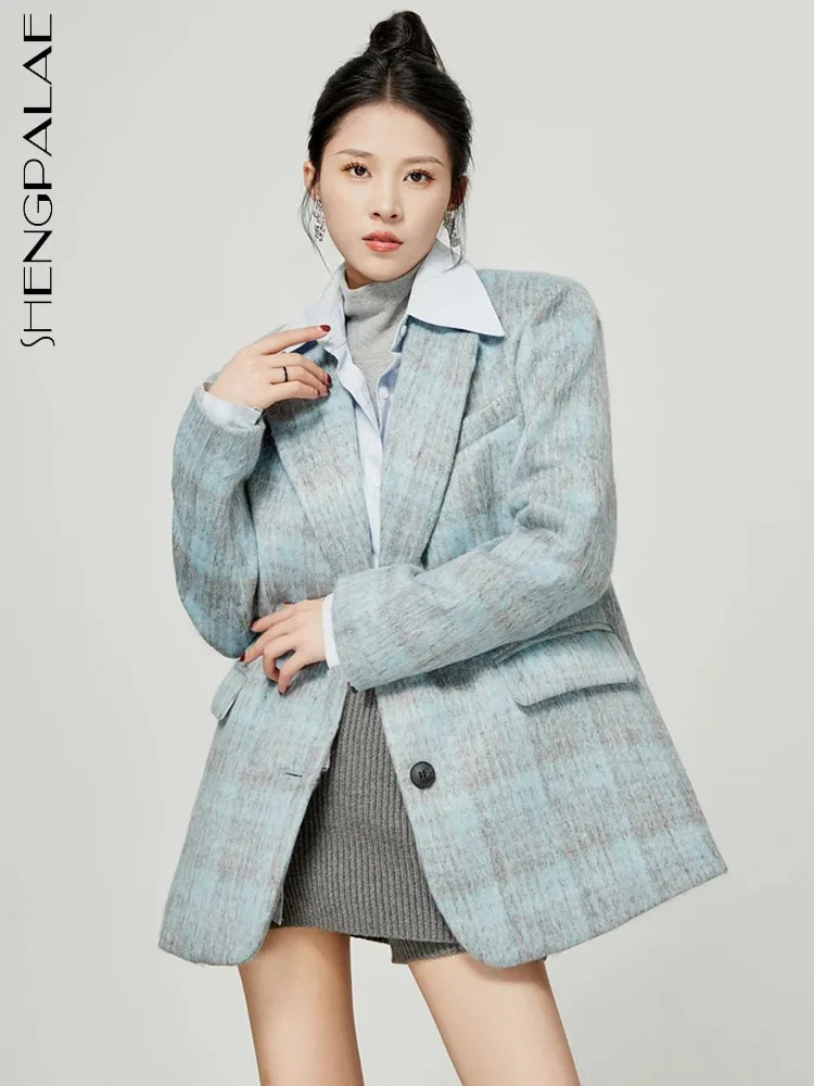 

SHENGPALAE Fashion Women's Plaid Woolen Blazers Notched Collar Single Breasted Casual Blends Suit Jacket Winter 2023 New 5R8667