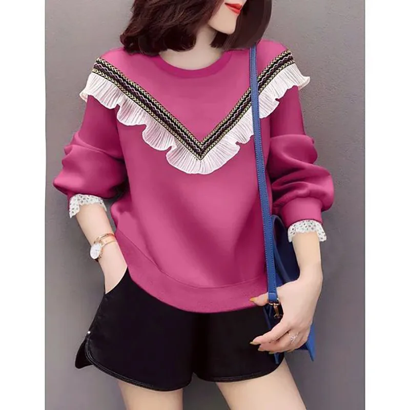 

Fashion O-Neck Spliced Folds Ruffles T-Shirt Women's Clothing 2022 Autumn New Oversized Casual Tops All-match Sweet Tee Shirt