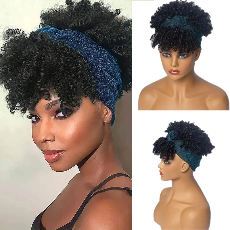 

Synthetic Short Kinky Curly Headband Wigs for Black Women Afro Curls Black Wigs with Scarf Natural Curly Turban Wrap Wig Cosplay