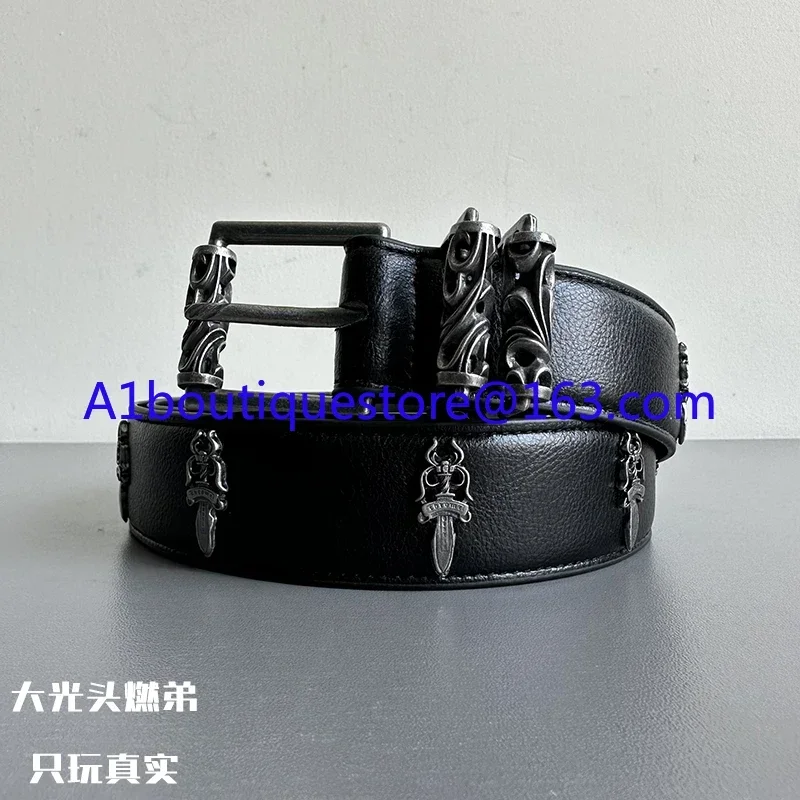 Engraved Roller Hollow Light Luxury Belt 925 Silver Classic Leather Totem Belt Pin Buckle