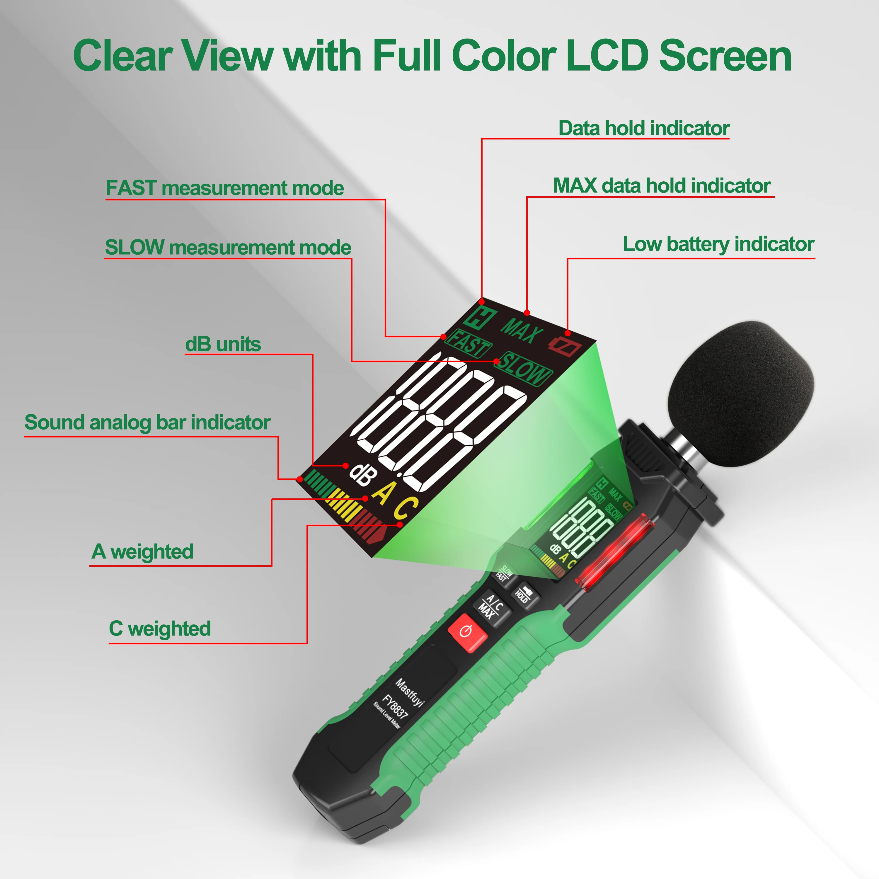 MASTFUYI FY8837 Sound Level Meter Noise Measuring Instrument Digital Handheld DB Metro 30~130dB Audio Measuring Instrument 6