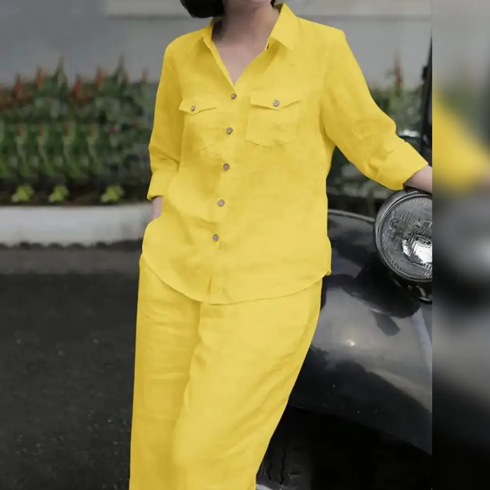 

Single-breasted Suit Solid Color Lapel Shirt Trousers Set with Long Sleeve Pockets for Commute 2 Piece Loose Fit Outfit Loose