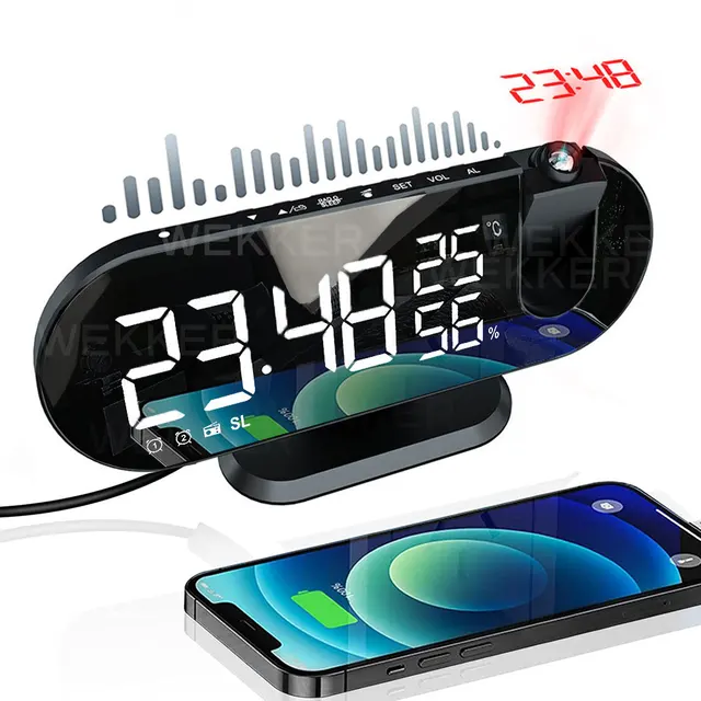 FM Radio LED Digital Smart Alarm Clock Watch Table Electronic Desktop Clocks USB Wake Up Clock with 180° Time Projector Snooze 1