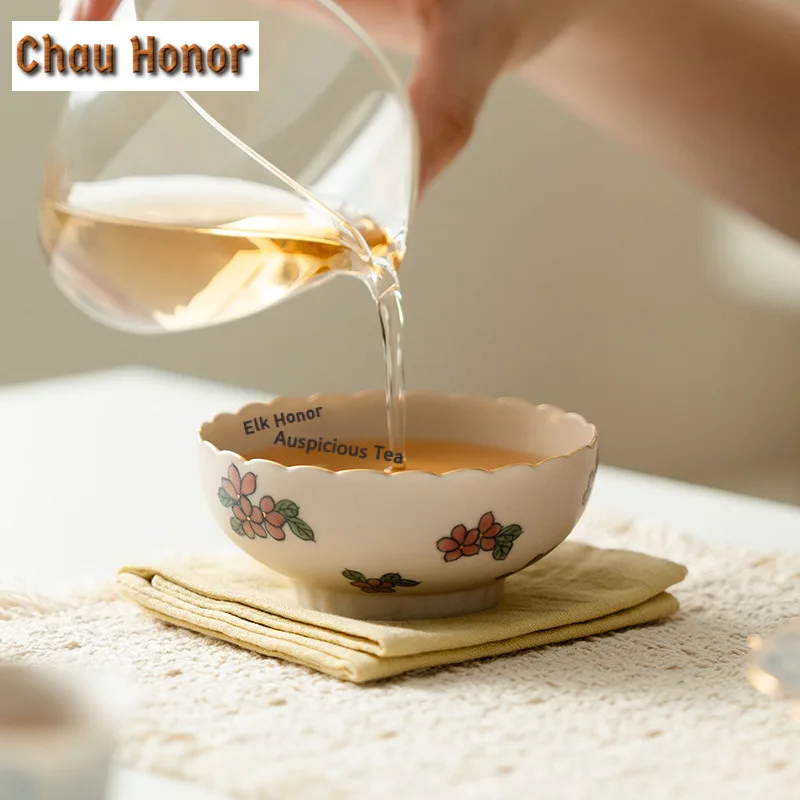 100ml Hand-painted Five-petal Flowers Teacup Ancient Tea Bowl Mug Tea-tasting Meditation Cup Chazhan Master Cups Drinkware Gift