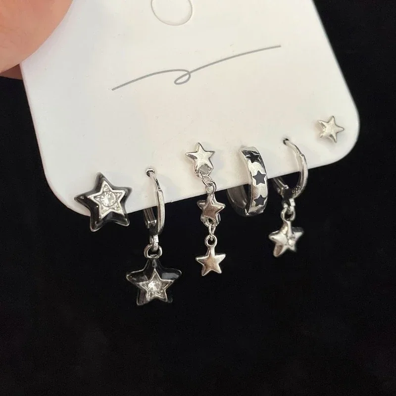 Набір із 6 предметів. Сережки сріблястого кольору зі зірками. Вінтажні металеві геометричні сережки-краплі для жінок. Модні модні ювелірні вироби Y2K.